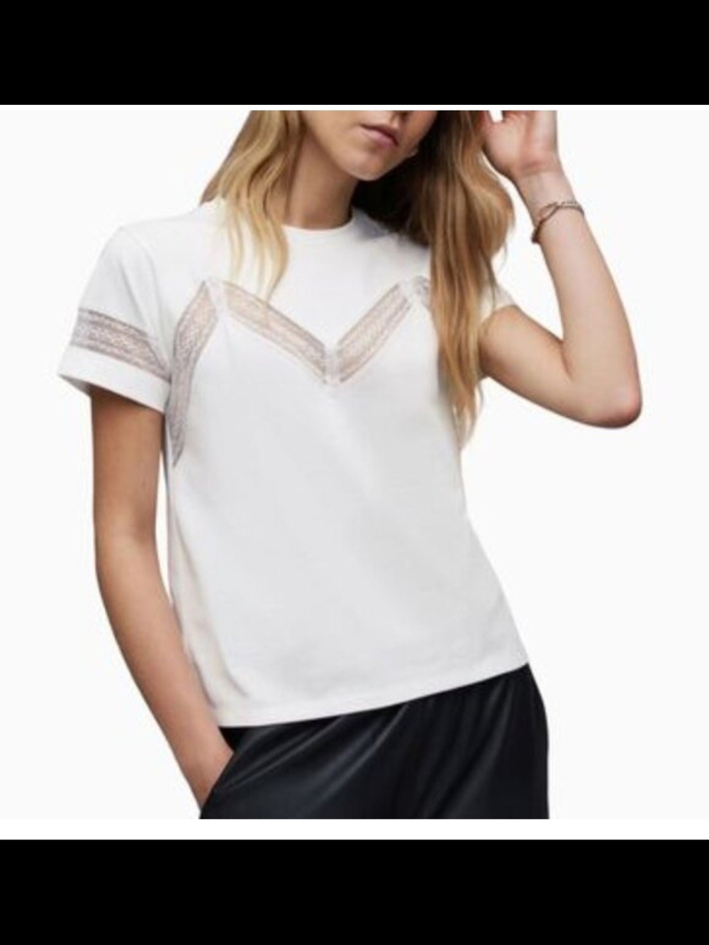 AllSaints White Short-Sleeve Tee with Chevron Lace Inset